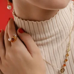 Majorica Anillo Algaida Dorado Con Cristal De Murano Ambar| Anillos Medianos