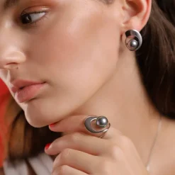 Majorica Anillo Con Perla Gris Petra En Acero| Anillos Grandes