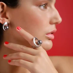 Majorica Anillo Con Perla Gris Petra En Acero| Anillos Grandes