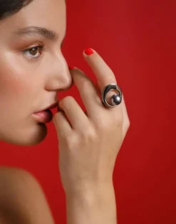 Majorica Anillo Con Perla Gris Petra En Acero| Anillos Grandes