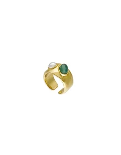 Majorica Anillo Dorado Feme Con Perla Blanca Y Agata Verde| Anillos Medianos