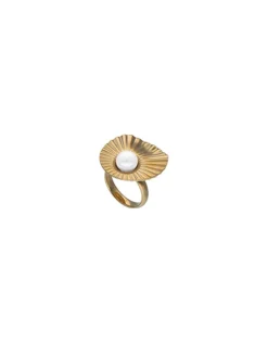 Majorica Anillo Le Palm Grande En Acero Dorado Con Perla Blanca| Anillos Grandes