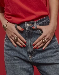 Majorica Anillo Le Palm Grande En Acero Dorado Con Perla Blanca| Anillos Grandes