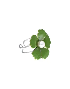 Majorica Anillo Santorini Flor Verde Olivo Grande En Plata| Anillos Medianos