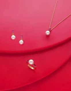 Majorica Anillo Selene Dorado Con Perla Y Circonitas Rojo Rubi| Anillos Medianos