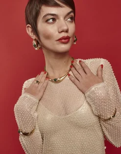 Majorica Brazalete Rigido Fino Feme Con Perlas Y Agatas Verdes| Brazaletes Rígidos