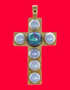 Majorica Colgante Cruz Dorado Con Perla Media Bola Blanca Y Gris| Colgante Cadena