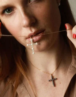 Majorica Colgante Cruz Dorado Con Perla Blanca| Colgante Cadena