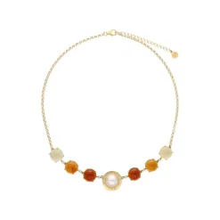 Majorica Collar Algaida Dorado Perla Media Bola Y Cristal De Murano Ambar| Cadenas Con Perlas