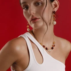 Majorica Collar Algaida Dorado Perla Media Bola Y Cristal De Murano Ambar| Cadenas Con Perlas