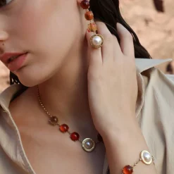 Majorica Collar Algaida Dorado Perla Media Bola Y Cristal De Murano Ambar| Cadenas Con Perlas