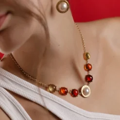 Majorica Collar Algaida Dorado Perla Media Bola Y Cristal De Murano Ambar| Cadenas Con Perlas