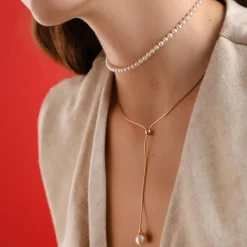 Majorica Collar Aura Ajustable Corto De Acero Dorado| Cadenas Con Perlas