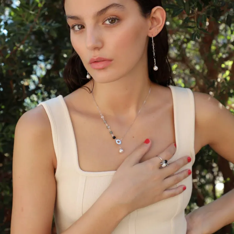 Majorica Collar Corto Algaida Corto Plata Con Perlas Y Cristales De Murano Negro| Cadenas Con Perlas