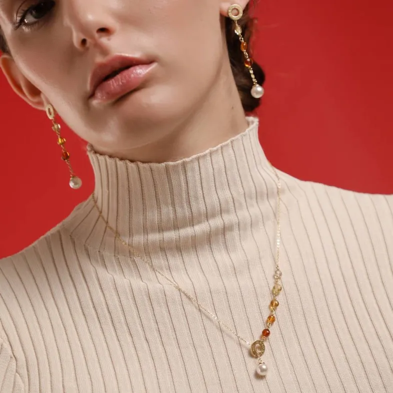 Majorica Collar Corto Algaida Dorado Con Perlas Y Cristales De Murano Ambar| Cadenas Con Perlas