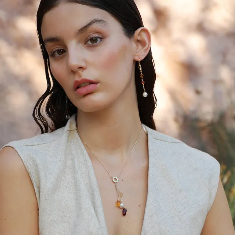 Majorica Collar Corto Algaida Dorado Con Cristal De Murano Ambar| Cadenas Con Perlas