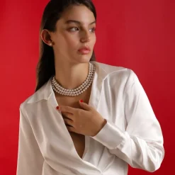 Majorica Collar De Perlas De Tres Vueltas Luna En Plata| Collares De Perlas Largos