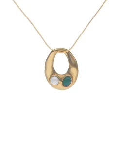 Majorica Collar Encadenado Feme Con Perla Blanca Y Agata Verde| Colgantes Con Cadena