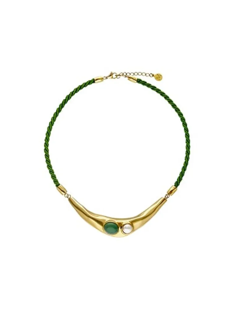 Majorica Collar Feme Cuero Con Perla Blanca Y Agata Verde| Collares De Cuero