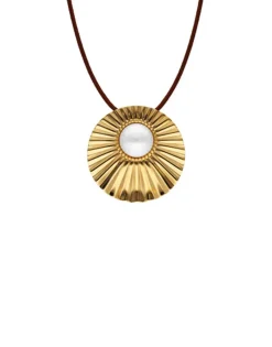 Majorica Collar Le Palm En Acero Dorado Con Perla Blanca Y Cordon De Seda Marron| Colgantes Con Cadena