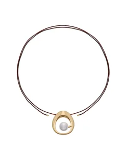 Majorica Collar Petra En Acero Dorado Y Cordon De Seda Cafe| Colgantes Con Cadena