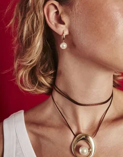 Majorica Collar Petra En Acero Dorado Y Cordon De Seda Cafe| Colgantes Con Cadena