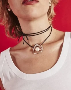 Majorica Collar Petra En Acero Y Cordon De Seda Negro| Colgantes Con Cadena