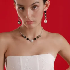 Majorica Pendientes Botón En Plata Algaida Con Cristales De Murano Negros| Pendientes De Perlas Largos