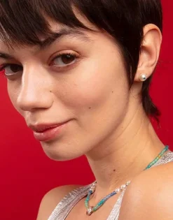 Majorica Pendientes Color Pop De Perla Redonda Blanca Y Circonita Azul| Pendientes De Botón