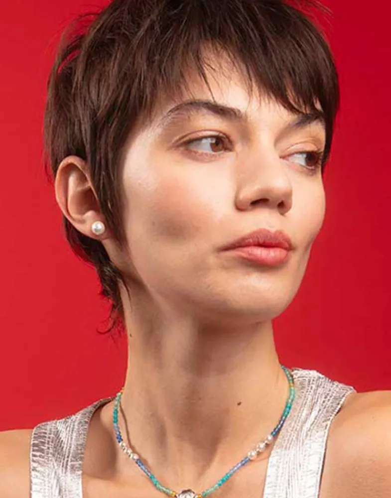 Majorica Pendientes Color Pop De Perla Redonda Blanca Y Circonita Azul| Pendientes De Botón