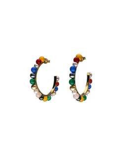 Majorica Pendientes De Aro Dorados Tutti Frutti Con Agatas Multicolor| Pendientes De Aro Con Perlas