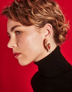 Majorica Pendientes De Aro Grandes Juno En Acero Dorado Y Perla| Pendientes De Aro Con Perlas