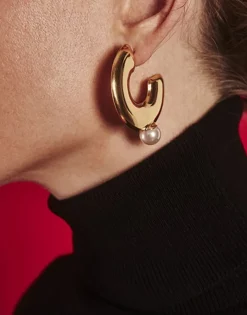 Majorica Pendientes De Aro Grandes Juno En Acero Dorado Y Perla| Pendientes De Aro Con Perlas