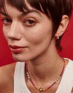 Majorica Pendientes De Aro Mini Naranja Color Pop Con Perla 4 Mm| Pendientes De Aro Con Perlas