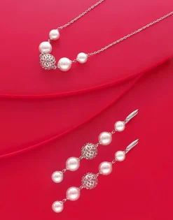 Majorica Pendientes Eternal Con Perlas Redondas Y Bola Calada En Plata| Pendientes De Perlas Largos