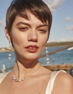 Majorica Pendientes Eternal Con Perlas Redondas Y Bola Calada En Plata| Pendientes De Perlas Largos