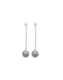 Majorica Pendientes Ilusion Plata Con Perla Gris 8Mm| Pendientes De Perlas Largos