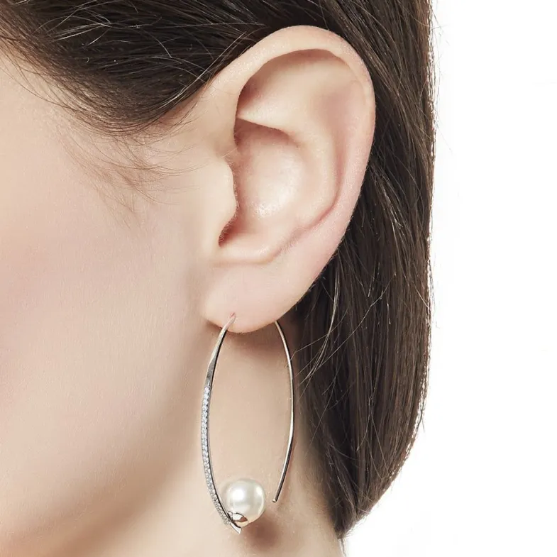 Majorica Pendientes Isadora Acero Con Circonitas Pequeños| Pendientes De Aro Con Perlas