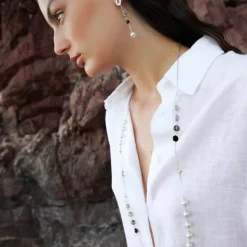 Majorica Pendientes Largos Algaida En Plata Con Perla Y Cristales De Murano Negros| Pendientes De Perlas Largos