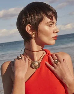 Majorica Pendientes Le Palm En Acero Dorado Con Cierre Omega| Pendientes Cortos