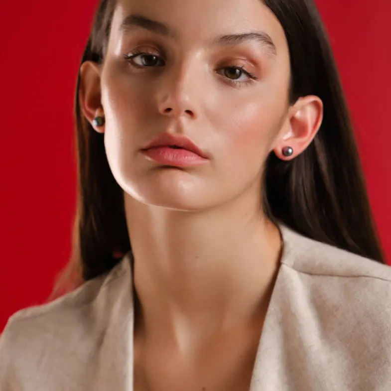 Majorica Pendientes Lyra Plata Con Perla Gris 8Mm| Pendientes De Botón