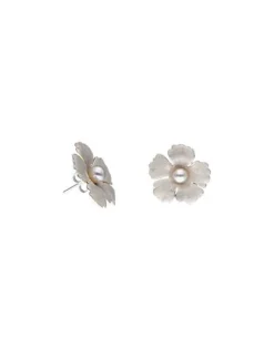 Majorica Pendientes Novia Santorini Bianco Flor Grande Nacarada Con Perlas| Pendientes Cortos