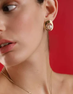 Majorica Pendientes Petra En Acero Dorado| Pendientes Cortos