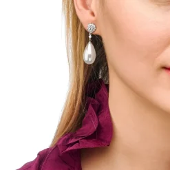 Majorica Pendientes Plata Afrodita Con Perla Colgante Y Circonitas| Pendientes Novia