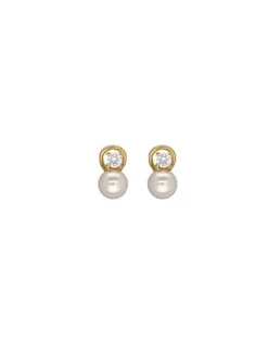 Majorica Pendientes Selene Dorados Perla Blanca 8Mm Y Circonitas| Pendientes Tú & Yo