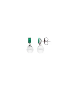 Majorica Pendientes Selene Tu&Yo En Plata Con Perla Y Circonita Verde Esmeralda| Pendientes Cortos