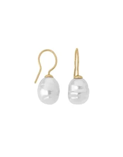 Majorica Pendientes Tender Dorados Con Perla Barroca Blanca 12Mm| Pendientes De Perlas Largos