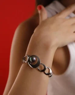 Majorica Pulsera De Acero Petra Encadenada Con Perla Gris| Pulseras Encadenadas