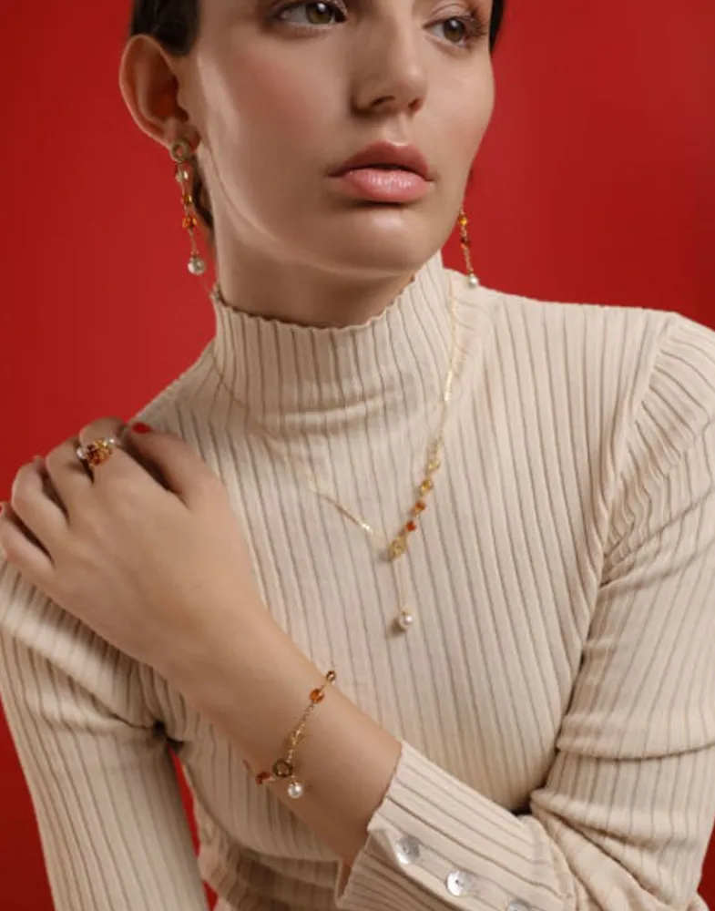 Majorica Pulsera Dorada Algaida Con Perlas Redondas Y Cristales De Murano Ambar| Pulseras Encadenadas