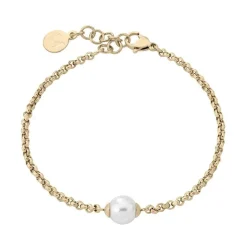 Majorica Pulsera Encadenada Nuada En Acero Dorado Y Perla Blanca| Pulseras Encadenadas